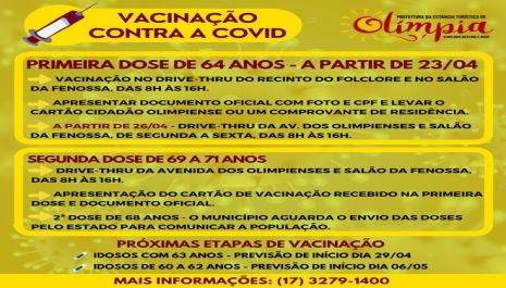 Olímpia inicia vacinação de idosos com 64 anos nesta sexta-feira (23)