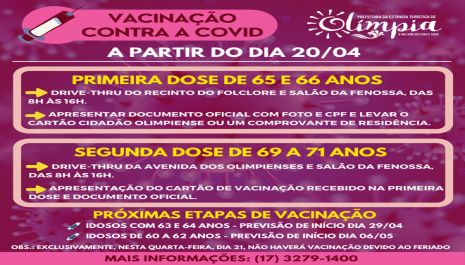 Olímpia antecipa vacinação dos idosos de 65 e 66 anos para esta terça-feira (20)