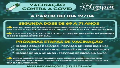 Saúde inicia aplicação da segunda dose de 69 a 71 anos na próxima semana e aguarda chegada de vacinas de 65 e 66 anos