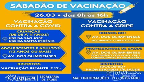  Olímpia terá vacinação da Covid e iniciará a Campanha contra a Gripe neste sábado (26)