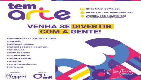 Tem Arte em Olímpia terá manhã de recreação, cultura e serviços para a criançada com atividades inclusivas