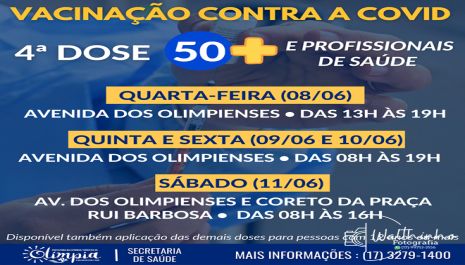 Aplicação de 4ª dose contra a Covid para moradores a partir de 50 anos e profissionais de saúde será iniciada nesta quarta (08)
