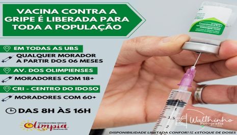Vacinação contra a Gripe estará disponível para população em geral a partir desta quarta-feira (22)