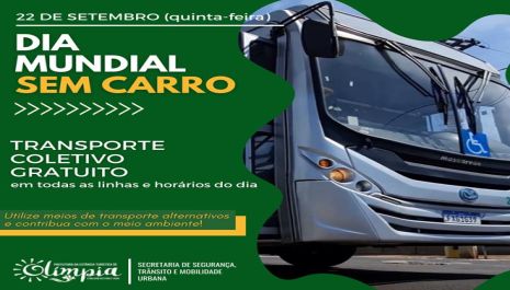 Olímpia terá transporte coletivo gratuito nesta quinta (22) para marcar o Dia Mundial Sem Carro