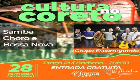 ‘Cultura no Coreto’ traz apresentação gratuita de Samba, Choro e Bossa Nova na próxima Sexta Feira 28